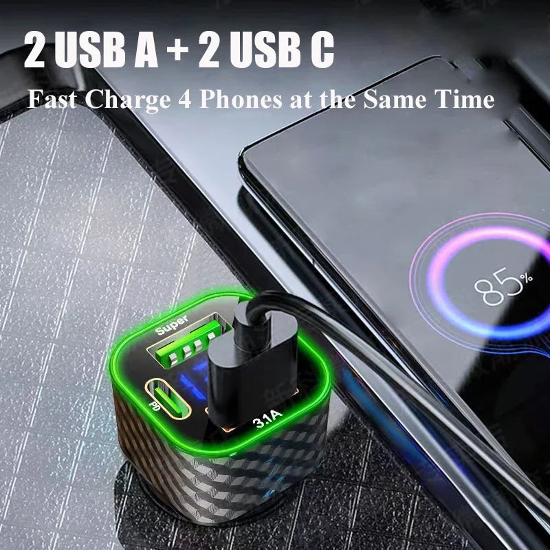 USB C Car Phone Charger 4 in 1 with Voltage Display Super Fast Charge